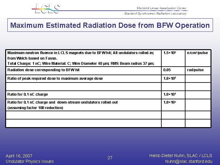 Maximum Estimated Radiation Dose from BFW Operation Maximum neutron fluence in LCLS magnets due