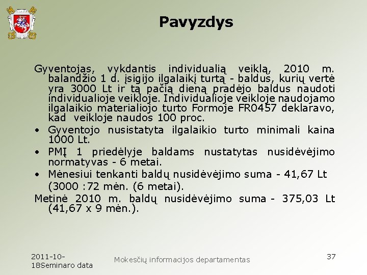 Pavyzdys Gyventojas, vykdantis individualią veiklą, 2010 m. balandžio 1 d. įsigijo ilgalaikį turtą -