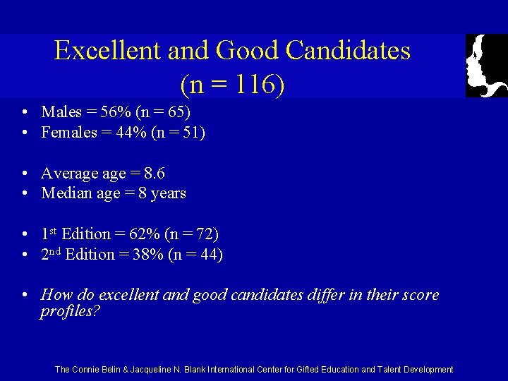 Excellent and Good Candidates (n = 116) • Males = 56% (n = 65)