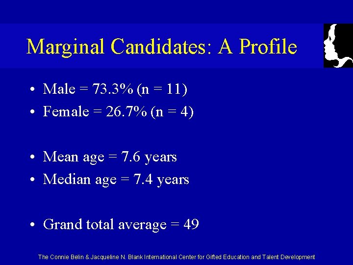 Marginal Candidates: A Profile • Male = 73. 3% (n = 11) • Female