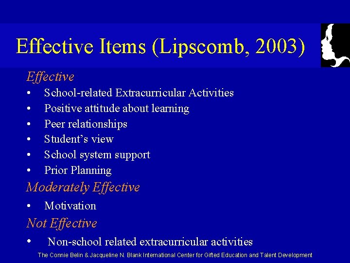 Effective Items (Lipscomb, 2003) Effective • • • School-related Extracurricular Activities Positive attitude about