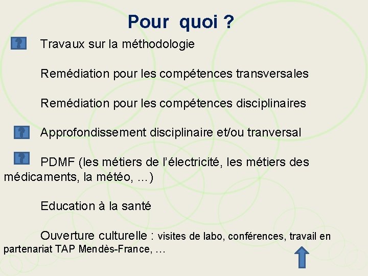 Pour quoi ? Travaux sur la méthodologie Remédiation pour les compétences transversales Remédiation pour