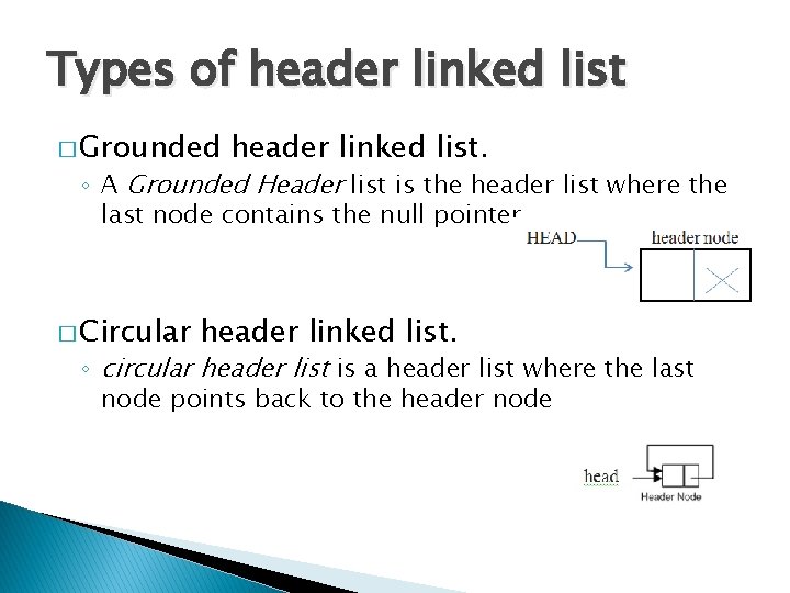 Types of header linked list � Grounded header linked list. ◦ A Grounded Header