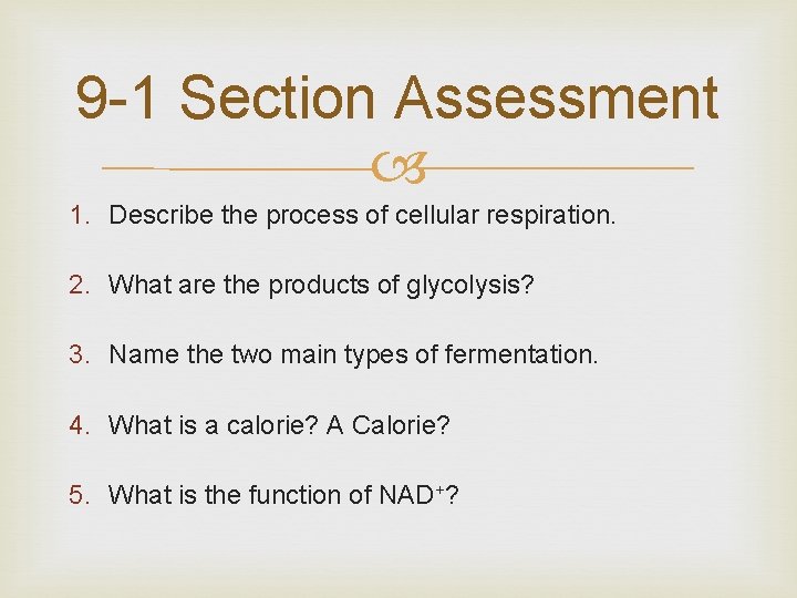 9 -1 Section Assessment 1. Describe the process of cellular respiration. 2. What are 9 -1 Section Assessment 1. Describe the process of cellular respiration. 2. What are