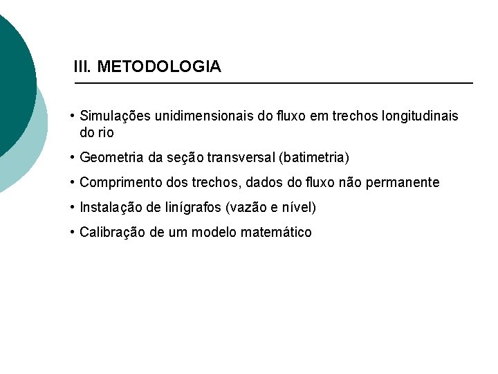 III. METODOLOGIA • Simulações unidimensionais do fluxo em trechos longitudinais do rio • Geometria