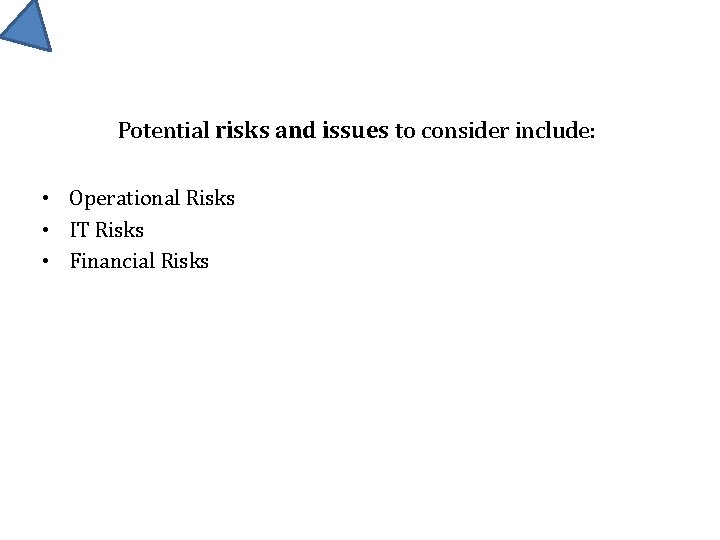 Potential risks and issues to consider include: • Operational Risks • IT Risks •