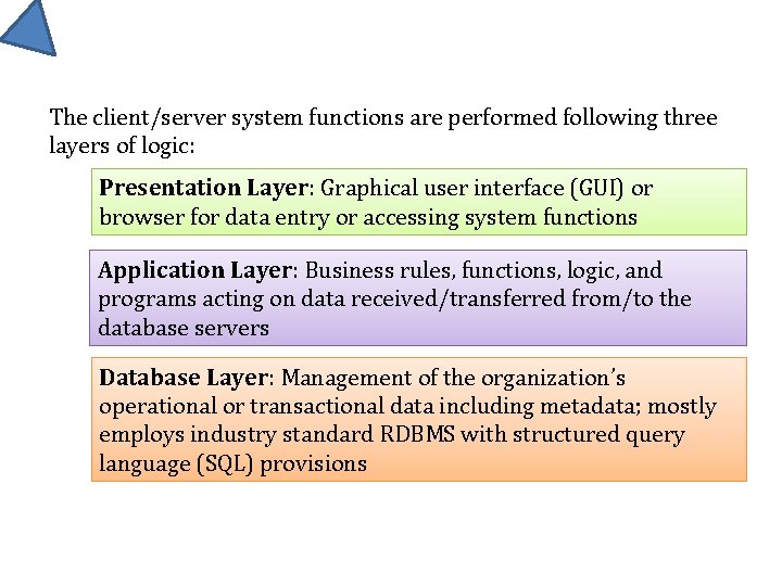 The client/server system functions are performed following three layers of logic: Presentation Layer: Graphical