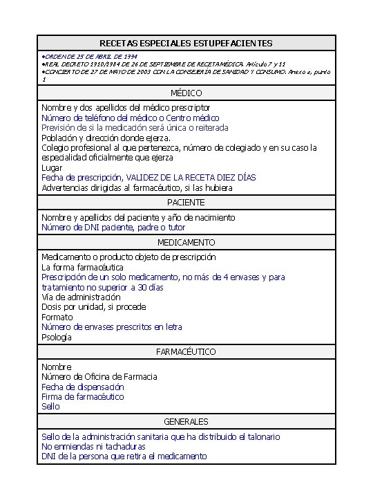 RECETAS ESPECIALES ESTUPEFACIENTES ORDEN DE 25 DE ABRIL DE 1994 REAL DECRETO 1910/1984 DE