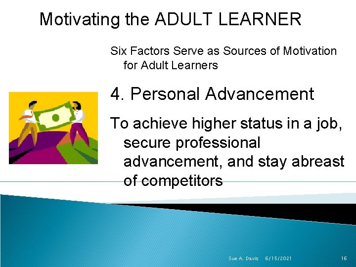 Motivating the ADULT LEARNER Six Factors Serve as Sources of Motivation for Adult Learners