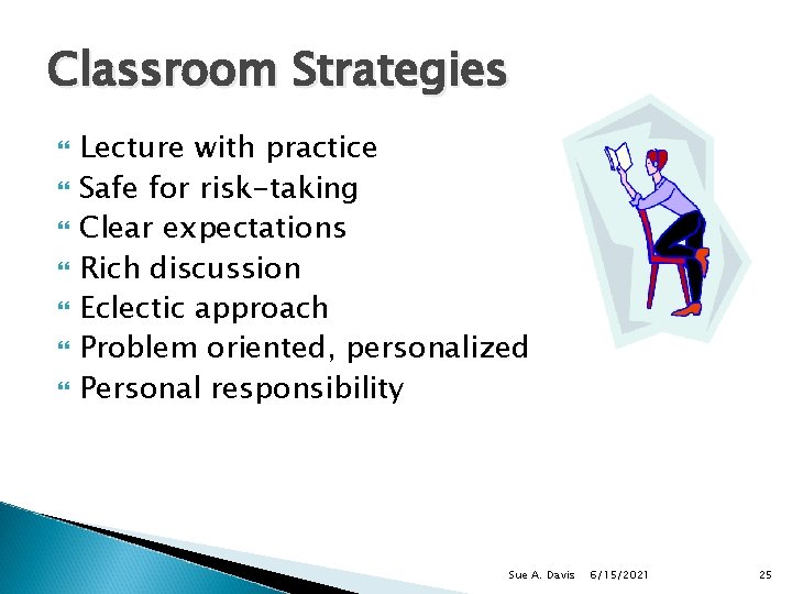 Classroom Strategies Lecture with practice Safe for risk-taking Clear expectations Rich discussion Eclectic approach