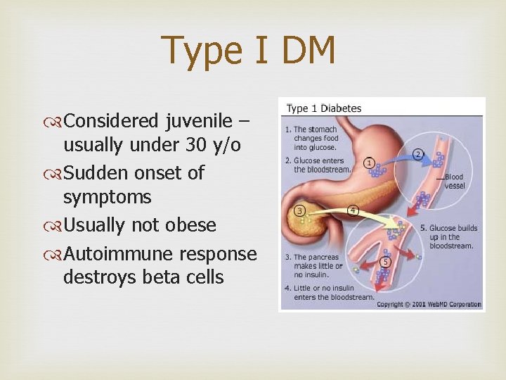 Type I DM Considered juvenile – usually under 30 y/o Sudden onset of symptoms