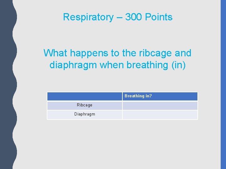 Respiratory – 300 Points What happens to the ribcage and diaphragm when breathing (in)