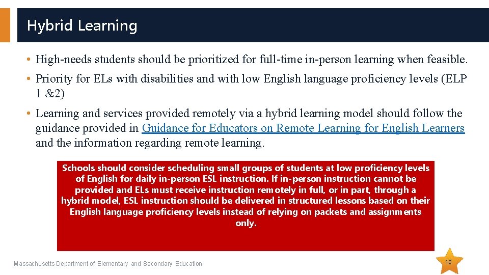 Hybrid Learning • High-needs students should be prioritized for full-time in-person learning when feasible. Hybrid Learning • High-needs students should be prioritized for full-time in-person learning when feasible.