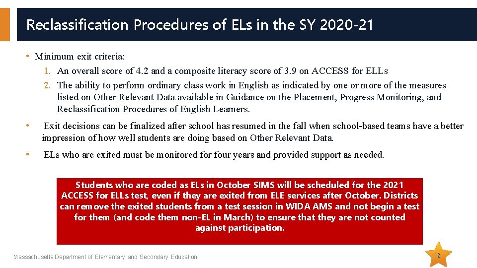 Reclassification Procedures of ELs in the SY 2020 -21 • Minimum exit criteria: 1. Reclassification Procedures of ELs in the SY 2020 -21 • Minimum exit criteria: 1.