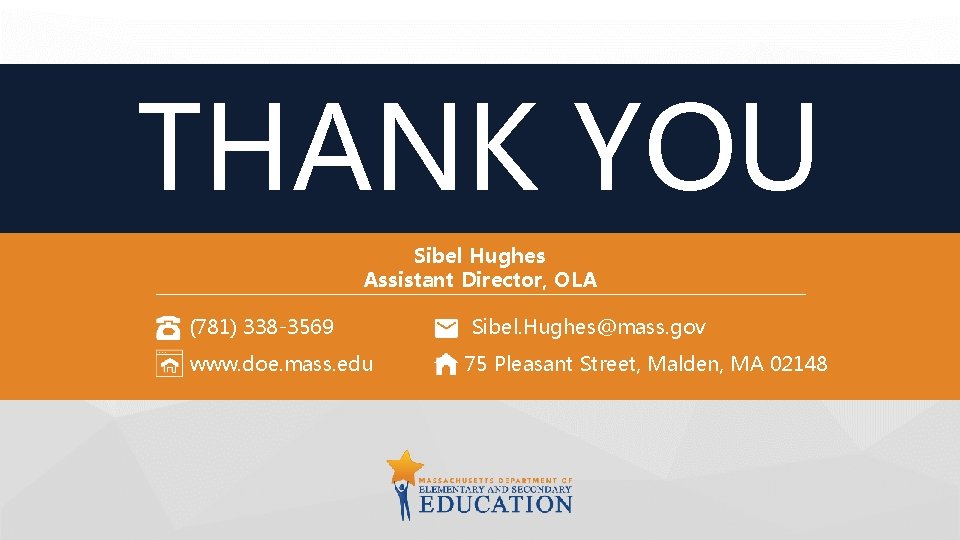 THANK YOU Sibel Hughes Assistant Director, OLA (781) 338 -3569 www. doe. mass. edu THANK YOU Sibel Hughes Assistant Director, OLA (781) 338 -3569 www. doe. mass. edu
