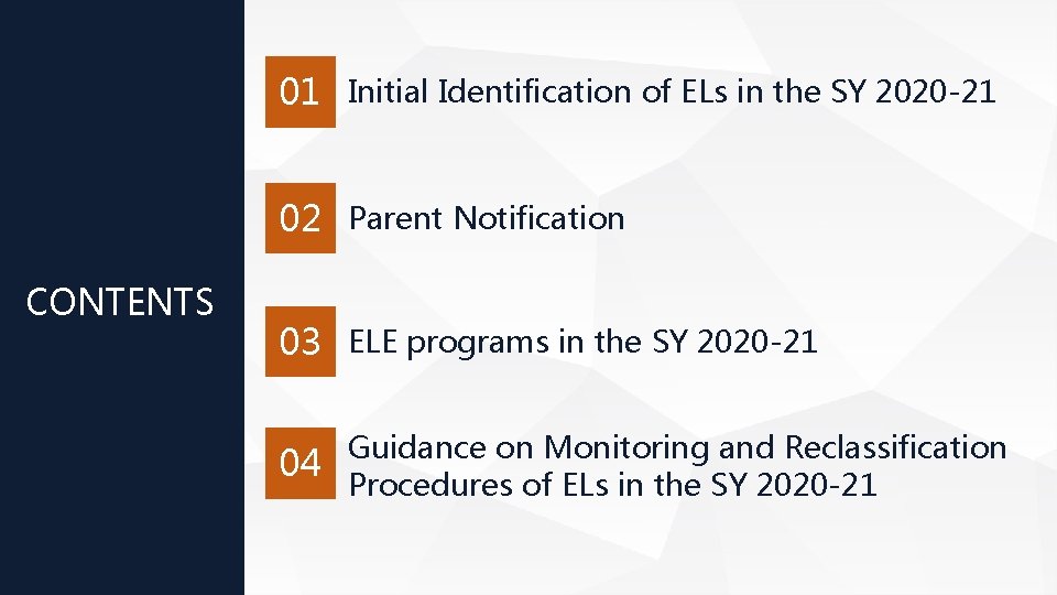 01 Initial Identification of ELs in the SY 2020 -21 02 Parent Notification CONTENTS 01 Initial Identification of ELs in the SY 2020 -21 02 Parent Notification CONTENTS