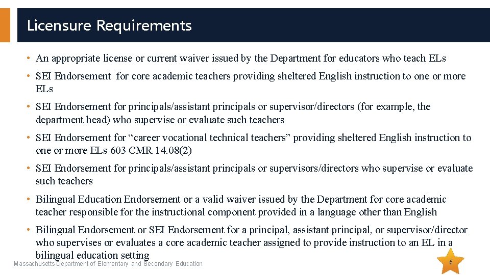 Licensure Requirements • An appropriate license or current waiver issued by the Department for Licensure Requirements • An appropriate license or current waiver issued by the Department for