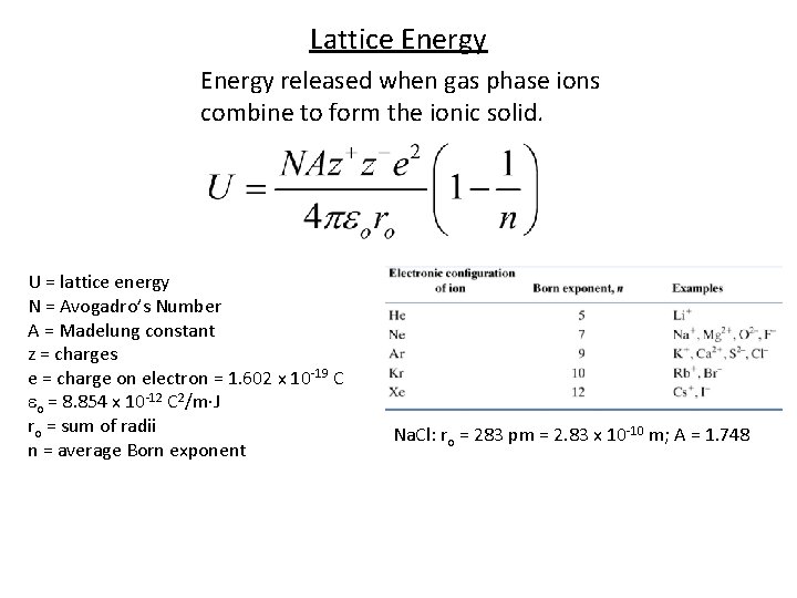 Lattice Energy released when gas phase ions combine to form the ionic solid. U