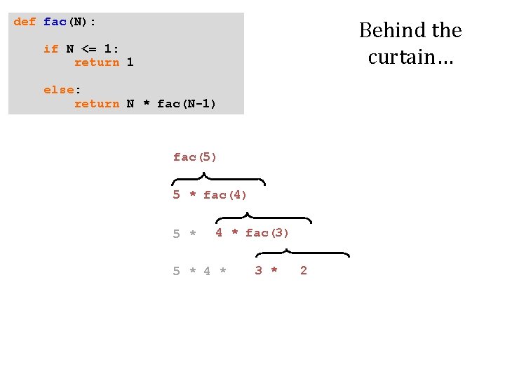 def fac(N): Behind the curtain… if N <= 1: return 1 else: return N