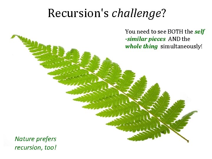 Recursion's challenge? You need to see BOTH the self -similar pieces AND the whole