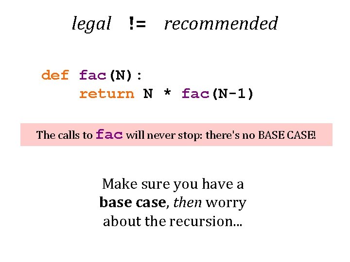 legal != recommended def fac(N): return N * fac(N-1) The calls to fac will