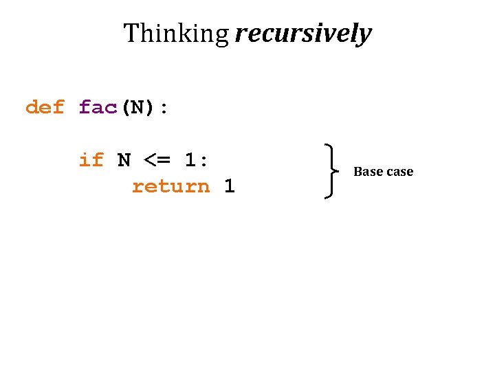 Thinking recursively def fac(N): if N <= 1: return 1 Base case 