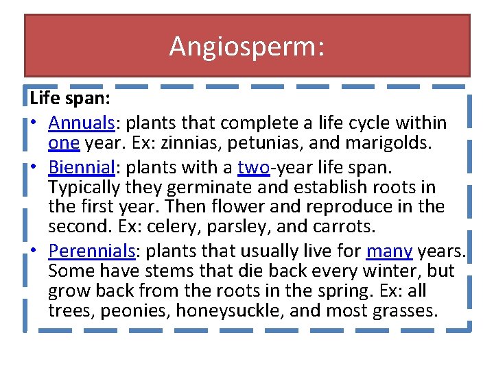 Angiosperm: Life span: • Annuals: plants that complete a life cycle within one year.