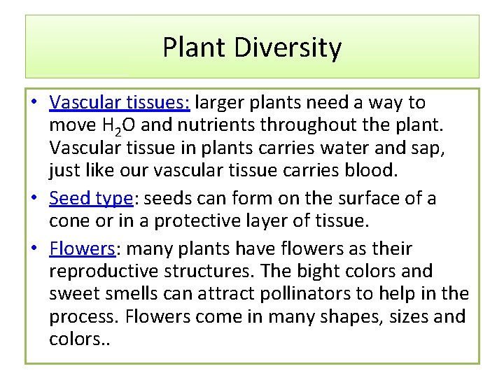 Plant Diversity • Vascular tissues: larger plants need a way to move H 2