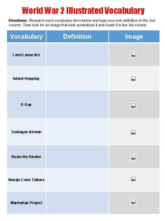 World War 2 Illustrated Vocabulary Directions: Research each vocabulary term below and type your