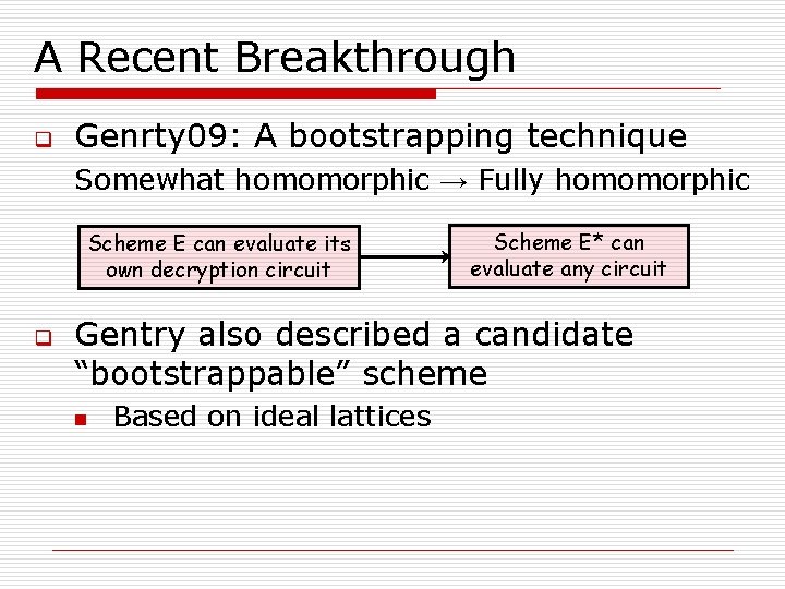 A Recent Breakthrough q Genrty 09: A bootstrapping technique Somewhat homomorphic → Fully homomorphic