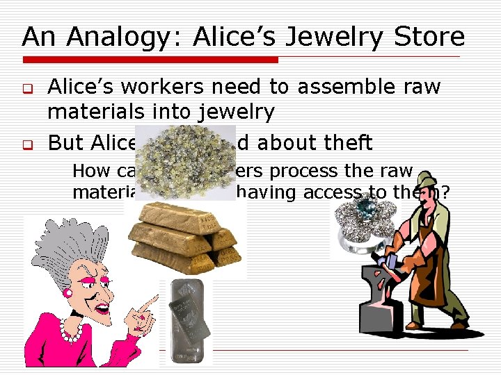 An Analogy: Alice’s Jewelry Store q q Alice’s workers need to assemble raw materials