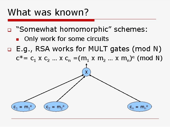 What was known? q “Somewhat homomorphic” schemes: n q Only work for some circuits