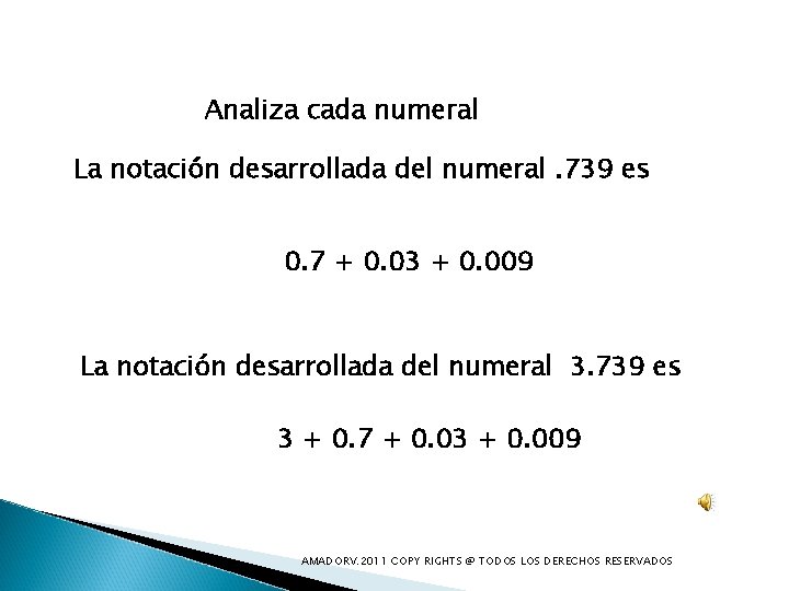 Analiza cada numeral La notación desarrollada del numeral. 739 es 0. 7 + 0.