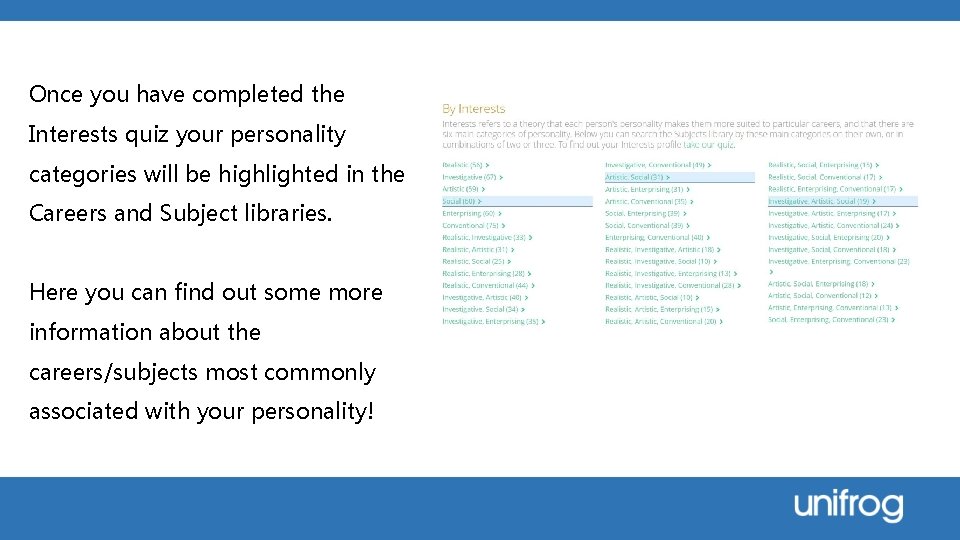 Once you have completed the Interests quiz your personality categories will be highlighted in