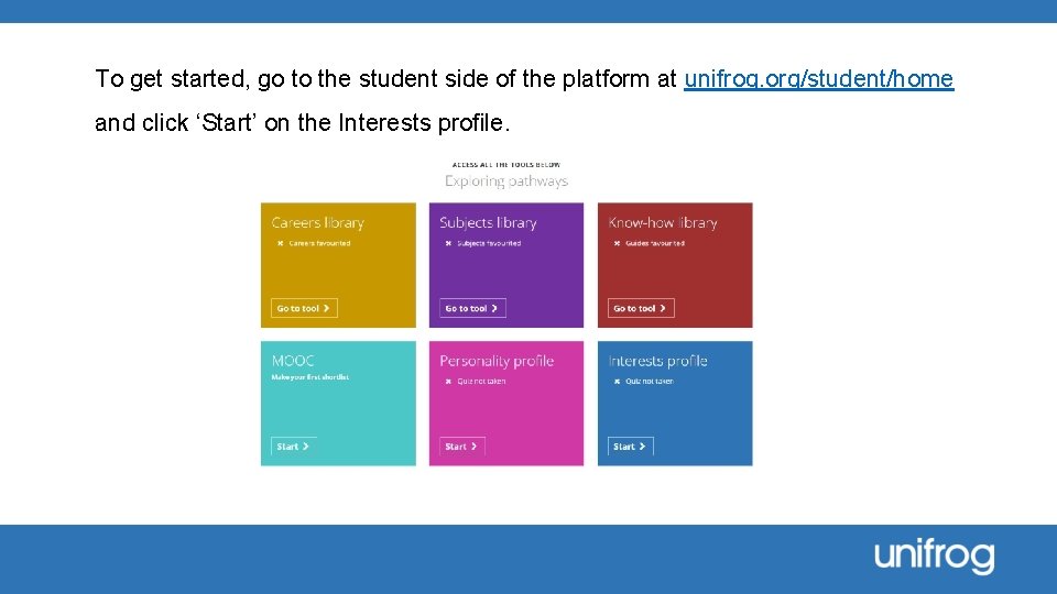 To get started, go to the student side of the platform at unifrog. org/student/home