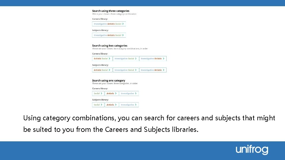 Using category combinations, you can search for careers and subjects that might be suited