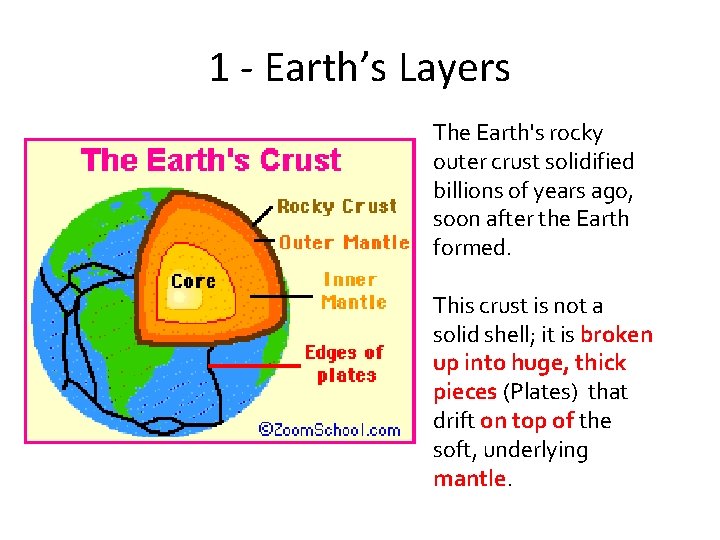 1 - Earth’s Layers The Earth's rocky outer crust solidified billions of years ago,