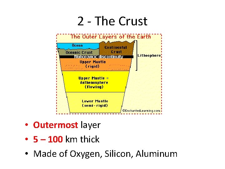 2 - The Crust • Outermost layer • 5 – 100 km thick •