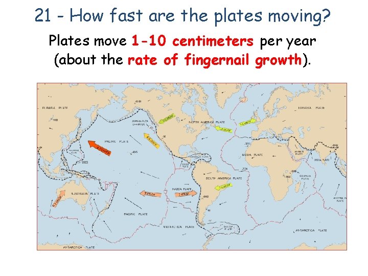 21 - How fast are the plates moving? Plates move 1 -10 centimeters per