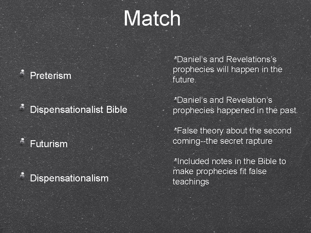 Match Preterism Daniel’s and Revelations’s prophecies will happen in the future. Dispensationalist Bible Daniel’s