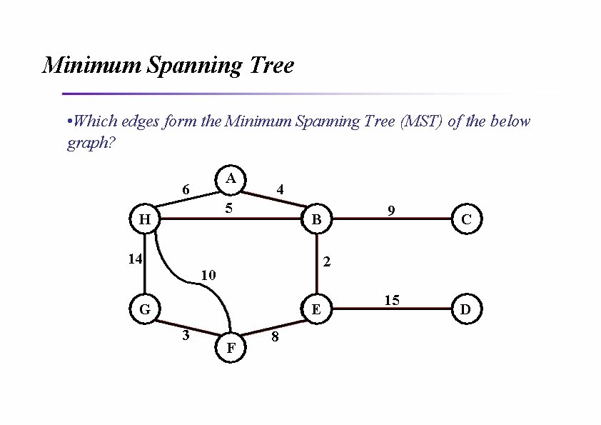 Minimum Spanning Tree • Which edges form the Minimum Spanning Tree (MST) of the