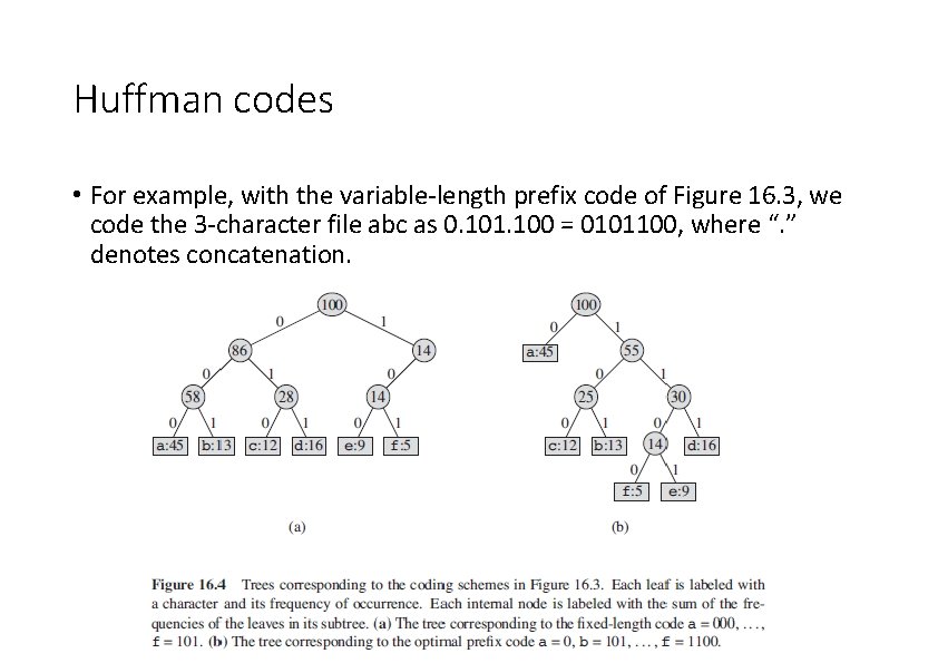 Huffman codes • For example, with the variable-length prefix code of Figure 16. 3,