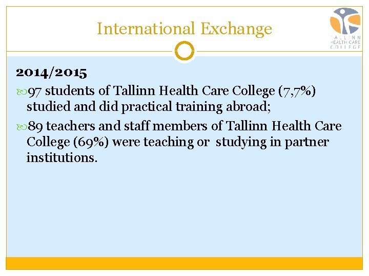 International Exchange 2014/2015 97 students of Tallinn Health Care College (7, 7%) studied and