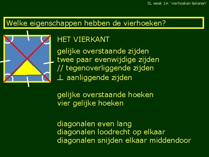 5 L week 14: ‘vierhoeken tekenen’ Welke eigenschappen hebben de vierhoeken? HET VIERKANT gelijke