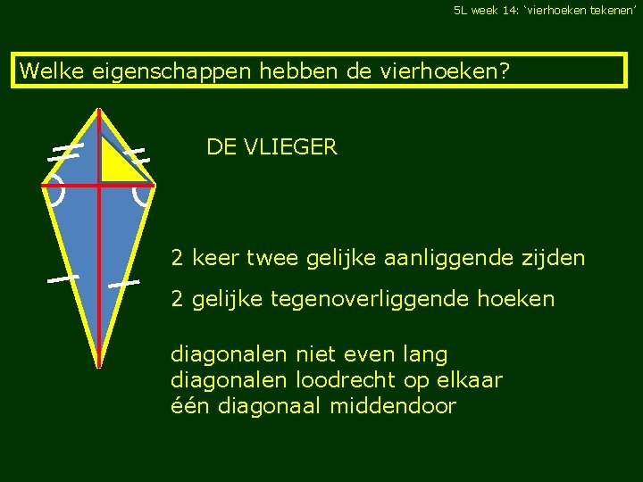 5 L week 14: ‘vierhoeken tekenen’ Welke eigenschappen hebben de vierhoeken? DE VLIEGER 2