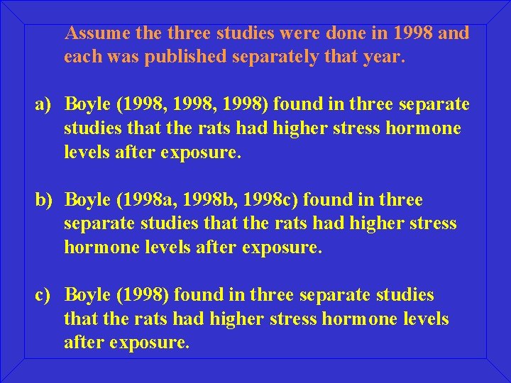 Assume three studies were done in 1998 and each was published separately that year.