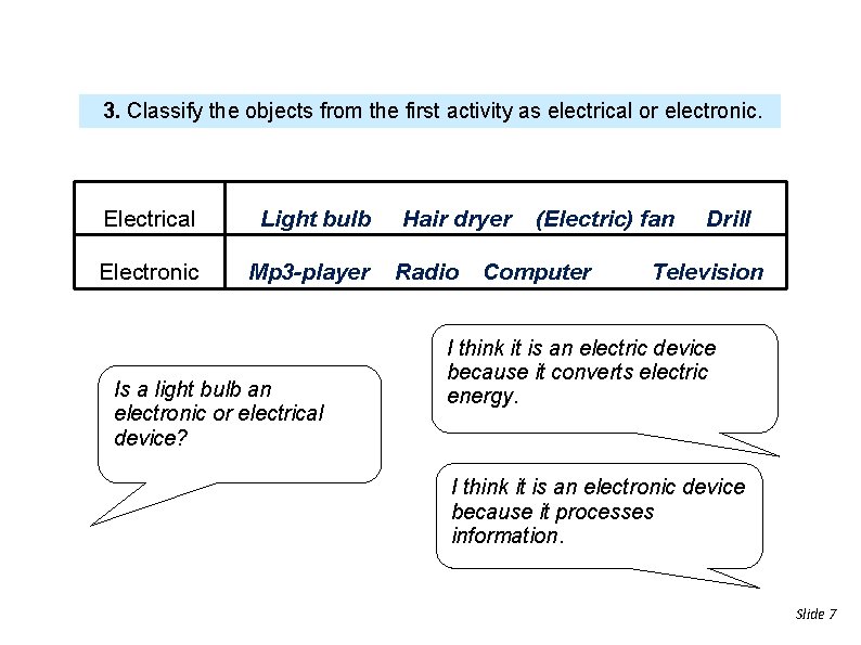 3. Classify the objects from the first activity as electrical or electronic. Electrical Light