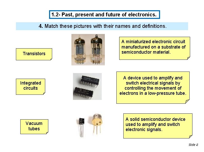 1. 2 - Past, present and future of electronics. 4. Match these pictures with