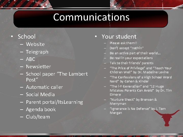 Communications • School – – – – – Website Telegraph ABC Newsletter School paper
