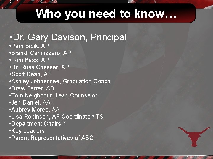 Who you need to know… • Dr. Gary Davison, Principal • Pam Bibik, AP